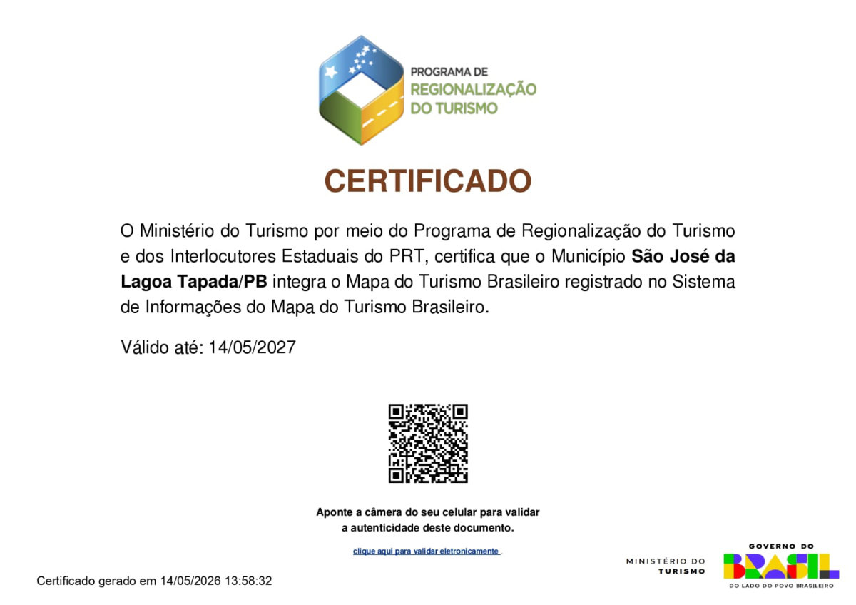 São José da Lagoa Tapada recebe certificação no Mapa do Turismo Brasileiro